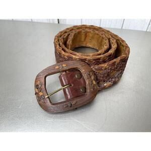 Vintage Leather Hand Made Embossed Woven Brown Belt Size Medium 40in